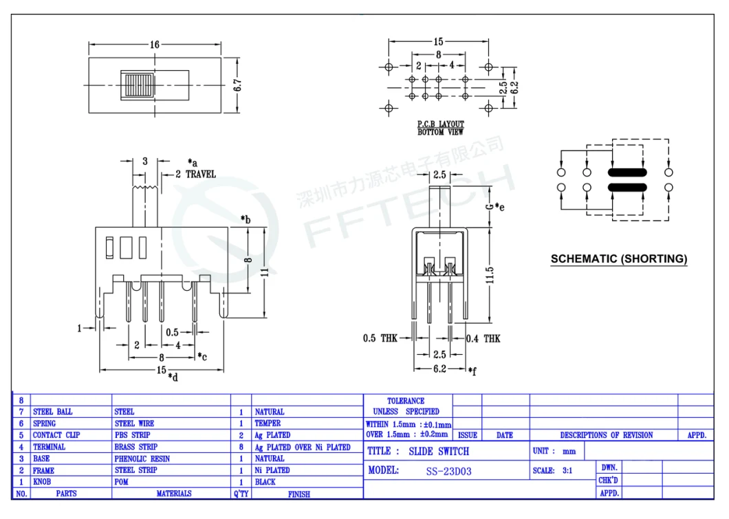 Factory Supply Ss-23D03 Snap-in DIP 8 Terminals 3 Gear Dual Poles Dp3t Toggle Switch Vertical Mini Slide Switch