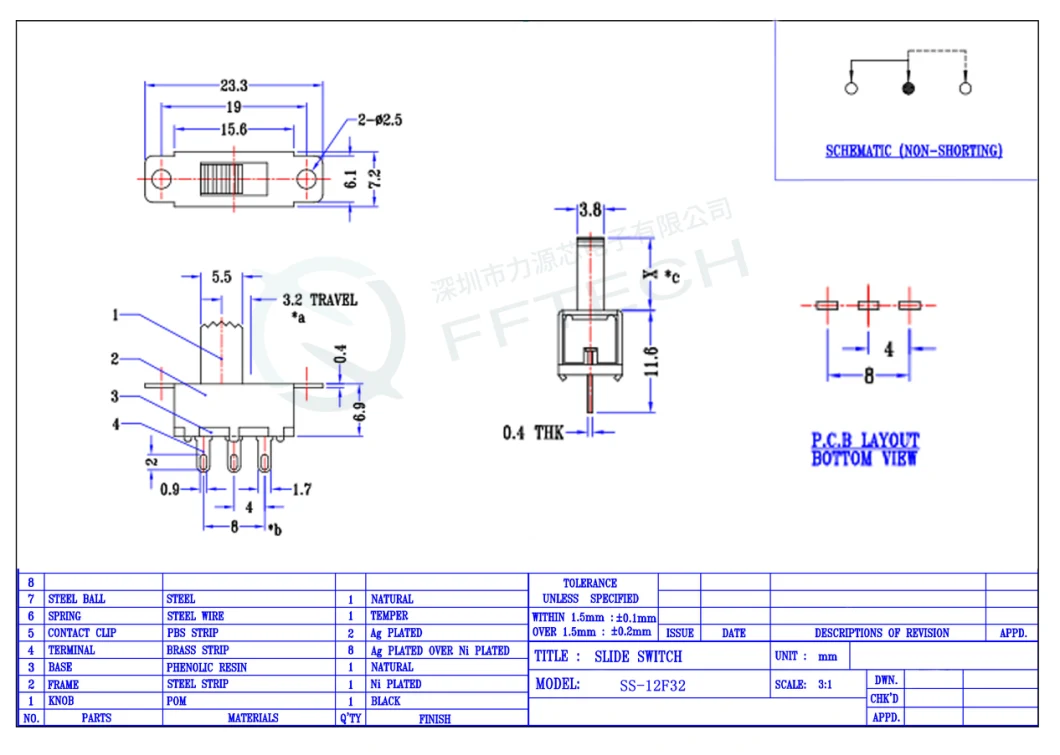 Factory Supply Ss-12f32 Vertical Panel Mounted 3 Terminals 2 Gear Spdt 1p2t Mini Toggle Switch Slide Switch